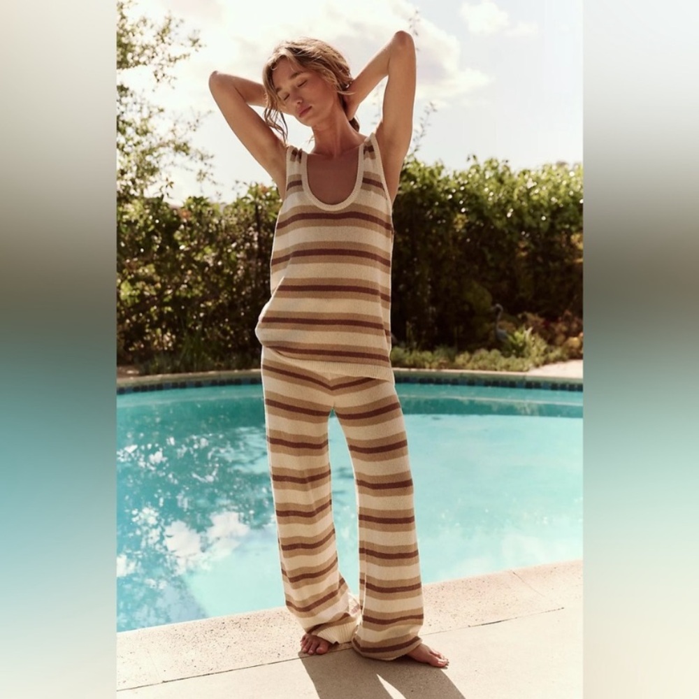 Free People Vista Sweater Set Striped Wide Leg Knit Pants and Tank Cream & Brown